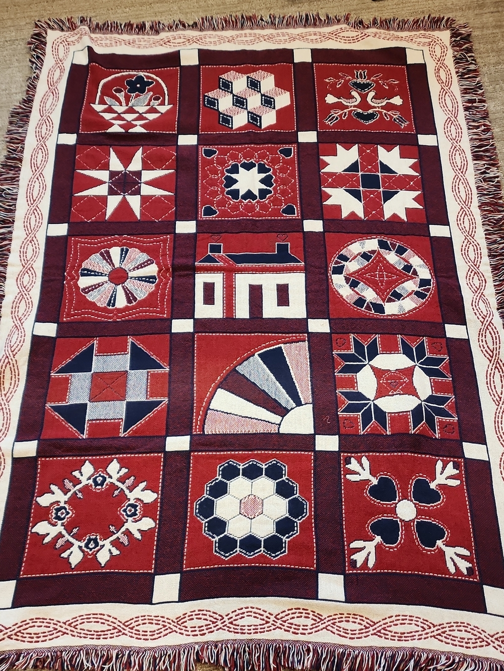 Americana Tapestry Woven Blanket Throw Patriotic Quilt Patchwork Look Cottage
